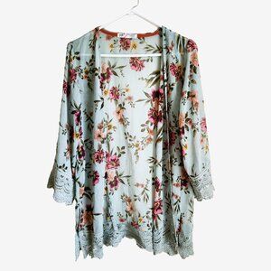 Jolt Boho Chic Floral Kimono Cardigan with Crochet Trim Small